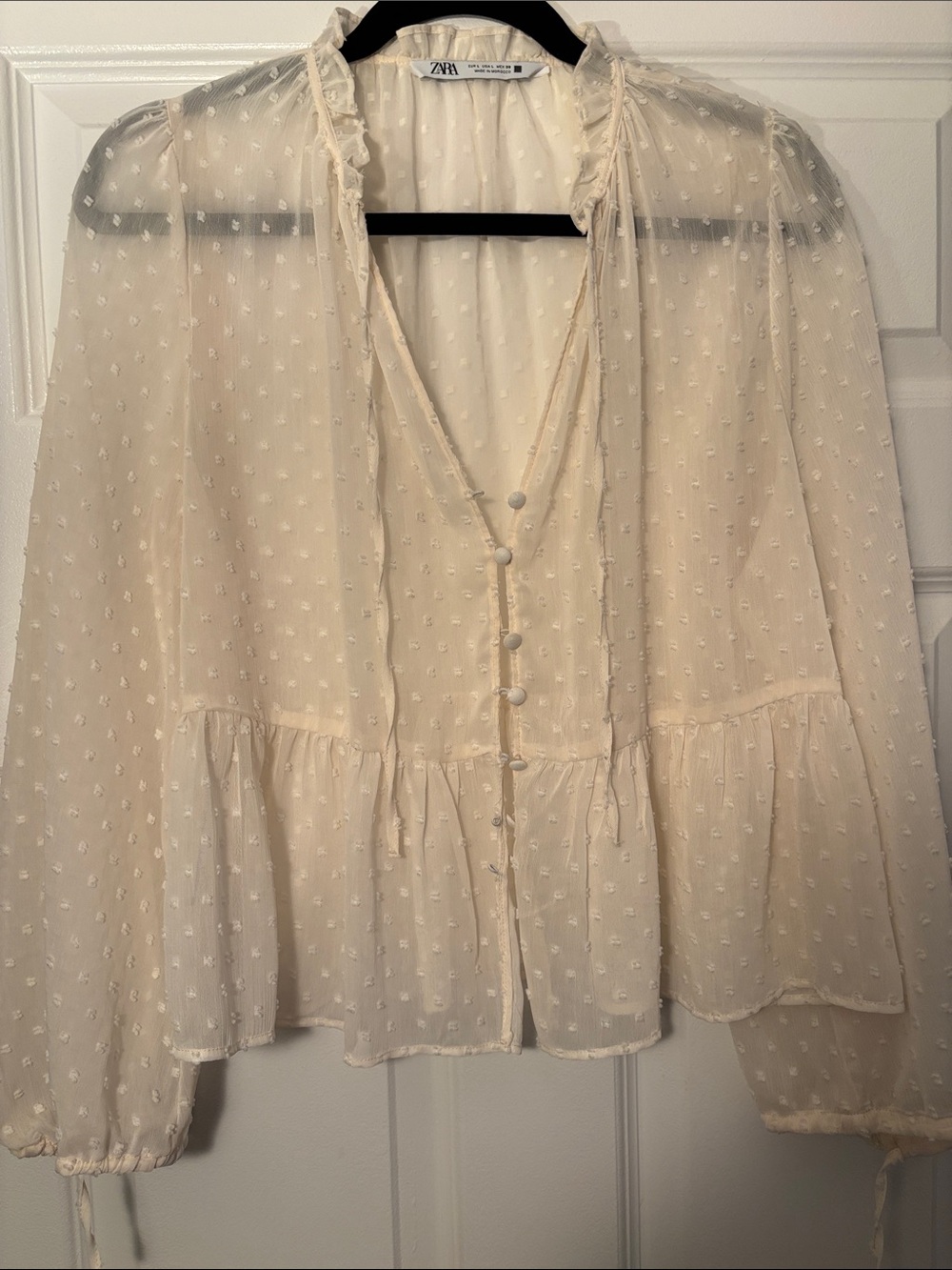 Zara Ivory Swiss Dot Ruffle Button-Front Blouse